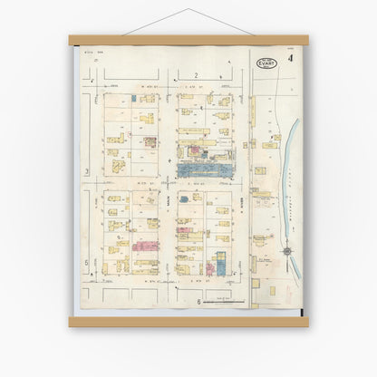 Old map wall art mockup — magnetic wood frame on white wall — Sanborn Fire Insurance Map from Evart, Osceola County, Michigan (1942), Sheet #0004