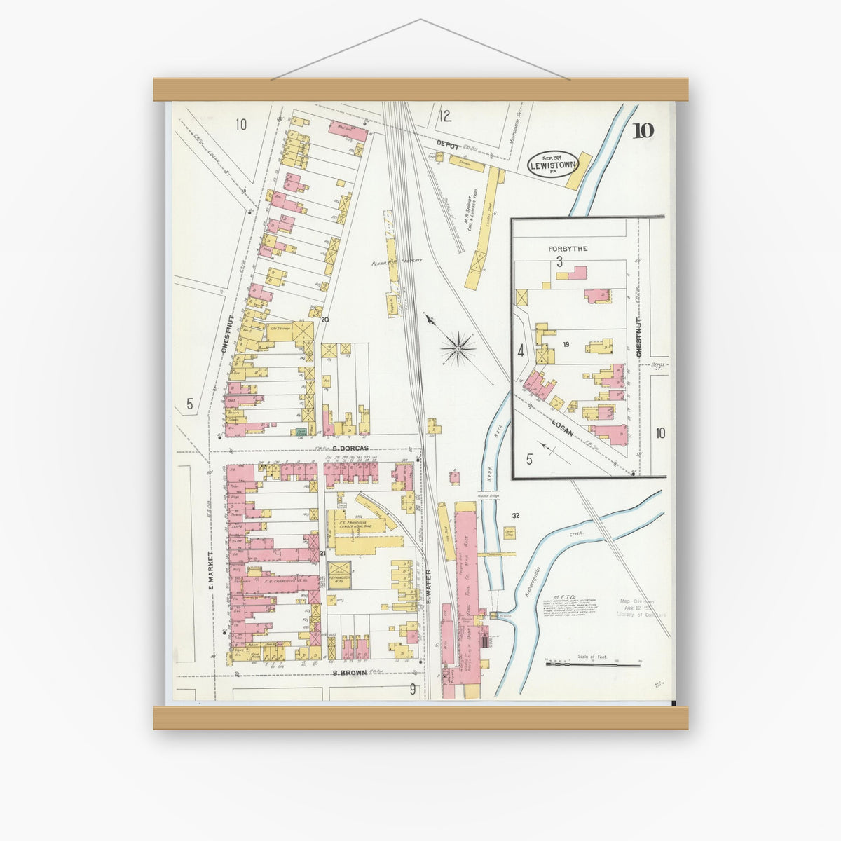 Old map wall art mockup — magnetic wood frame on white wall — Sanborn Fire Insurance Map from Lewistown, Mifflin County, Pennsylvania (1904), Sheet #0010