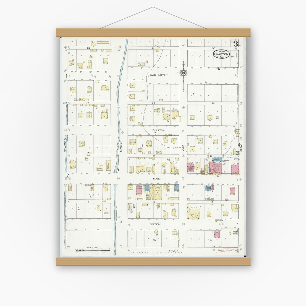 Old map wall art mockup — magnetic wood frame on white wall — Sanborn Fire Insurance Map from Grafton, Jersey County, Illinois (1914), Sheet #0003