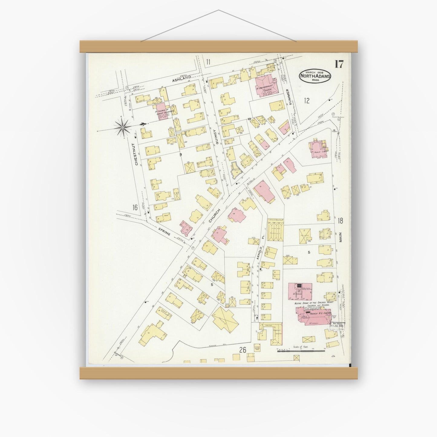Old map wall art mockup — magnetic wood frame on white wall — Sanborn Fire Insurance Map from North Adams, Berkshire County, Massachusetts (1908), Sheet #0017
