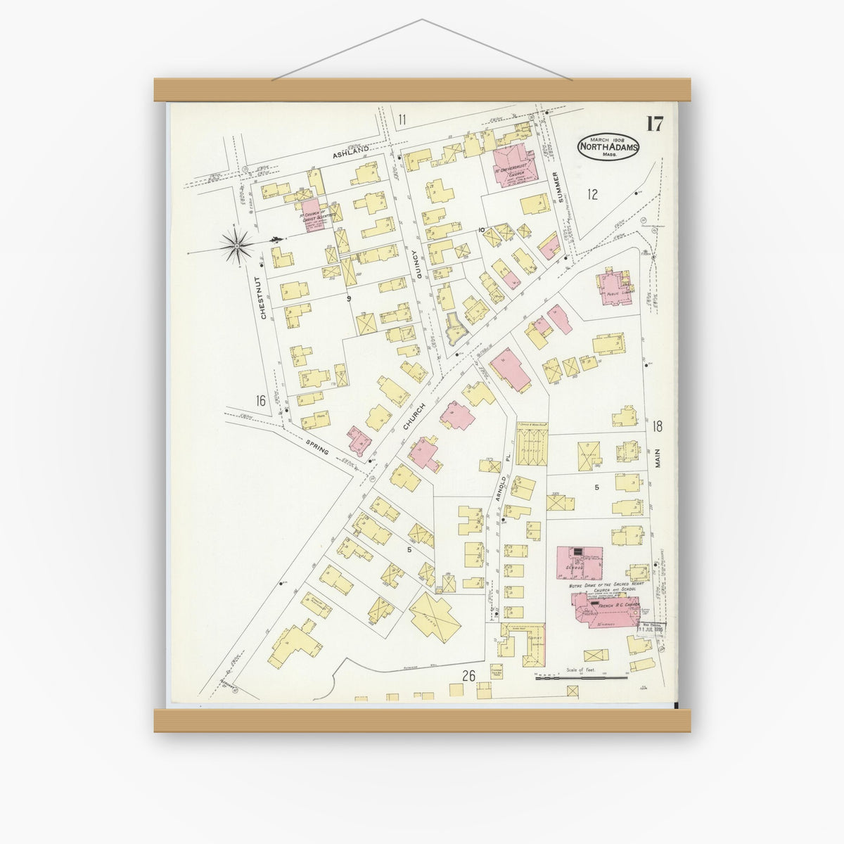Old map wall art mockup — magnetic wood frame on white wall — Sanborn Fire Insurance Map from North Adams, Berkshire County, Massachusetts (1908), Sheet #0017