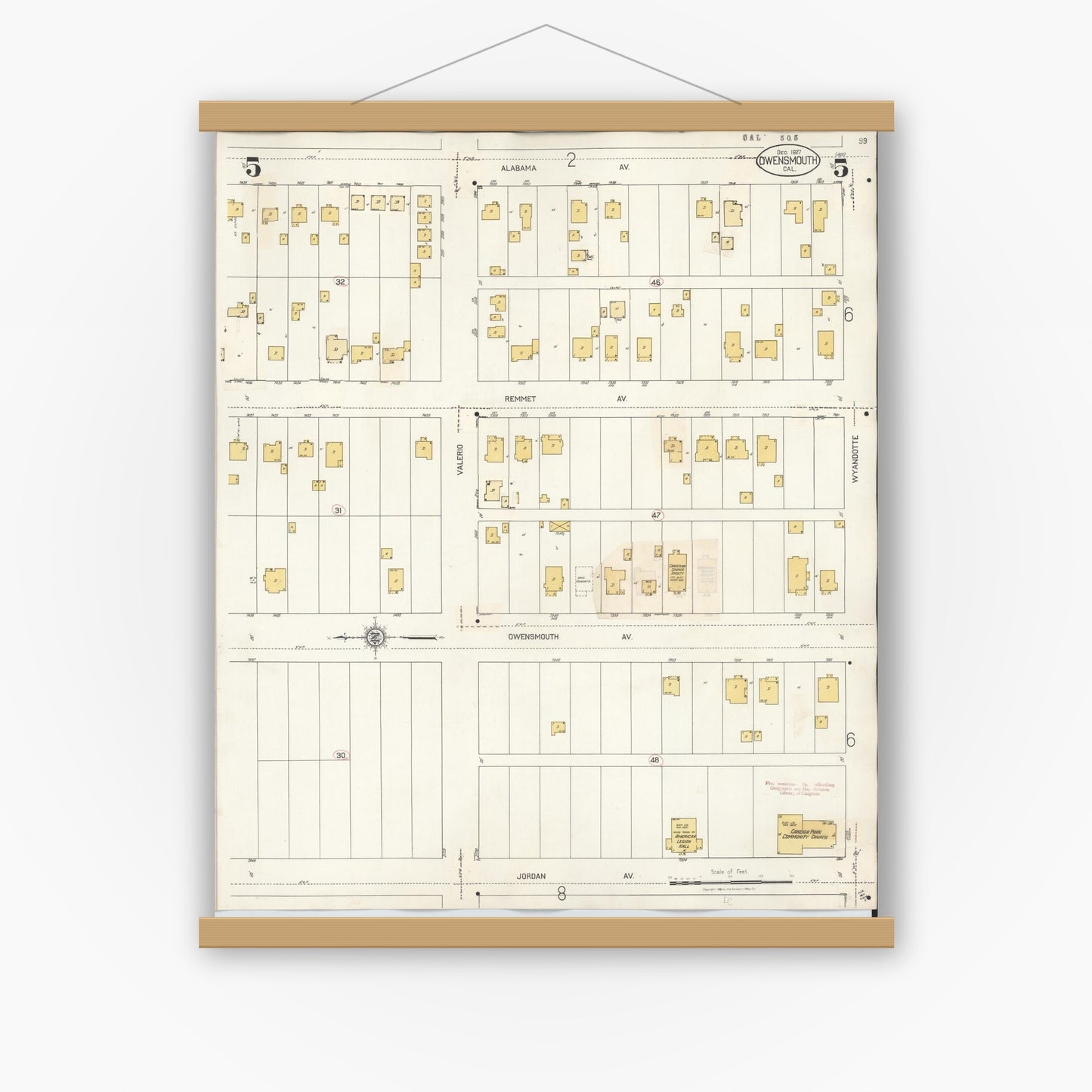 Old map wall art mockup — magnetic wood frame on white wall — Sanborn Fire Insurance Map from Canoga Park, Los Angeles County, California (1932), Sheet #0005