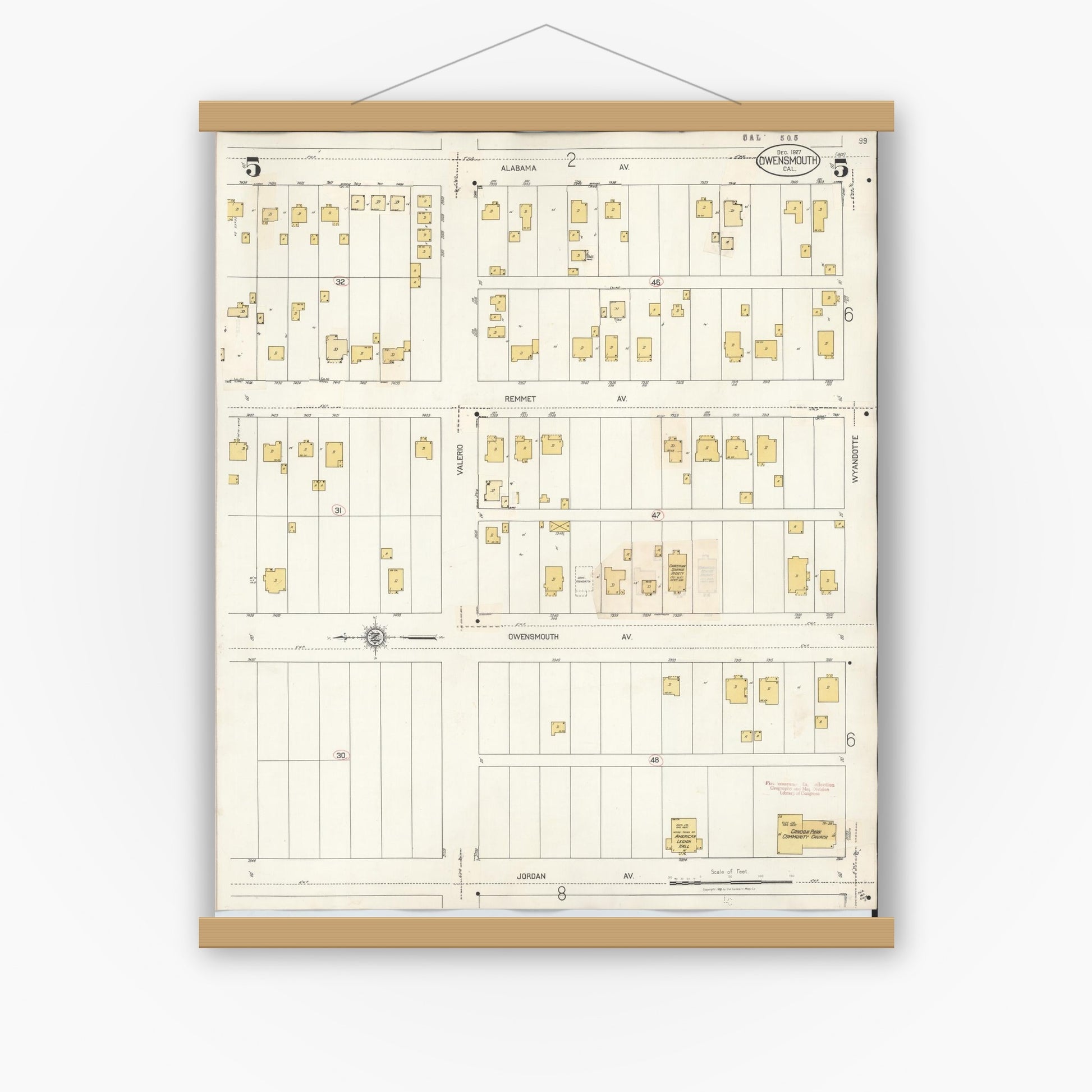 Old map wall art mockup — magnetic wood frame on white wall — Sanborn Fire Insurance Map from Canoga Park, Los Angeles County, California (1932), Sheet #0005