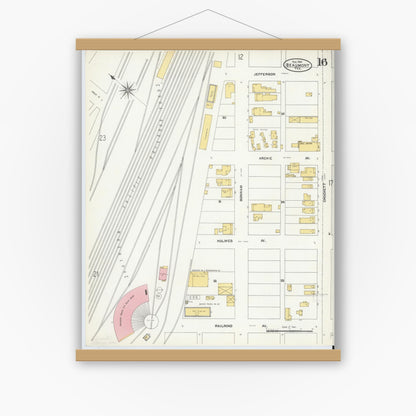 Old map wall art mockup — magnetic wood frame on white wall — Sanborn Fire Insurance Map from Beaumont, Jefferson County, Texas (1904), Sheet #0016