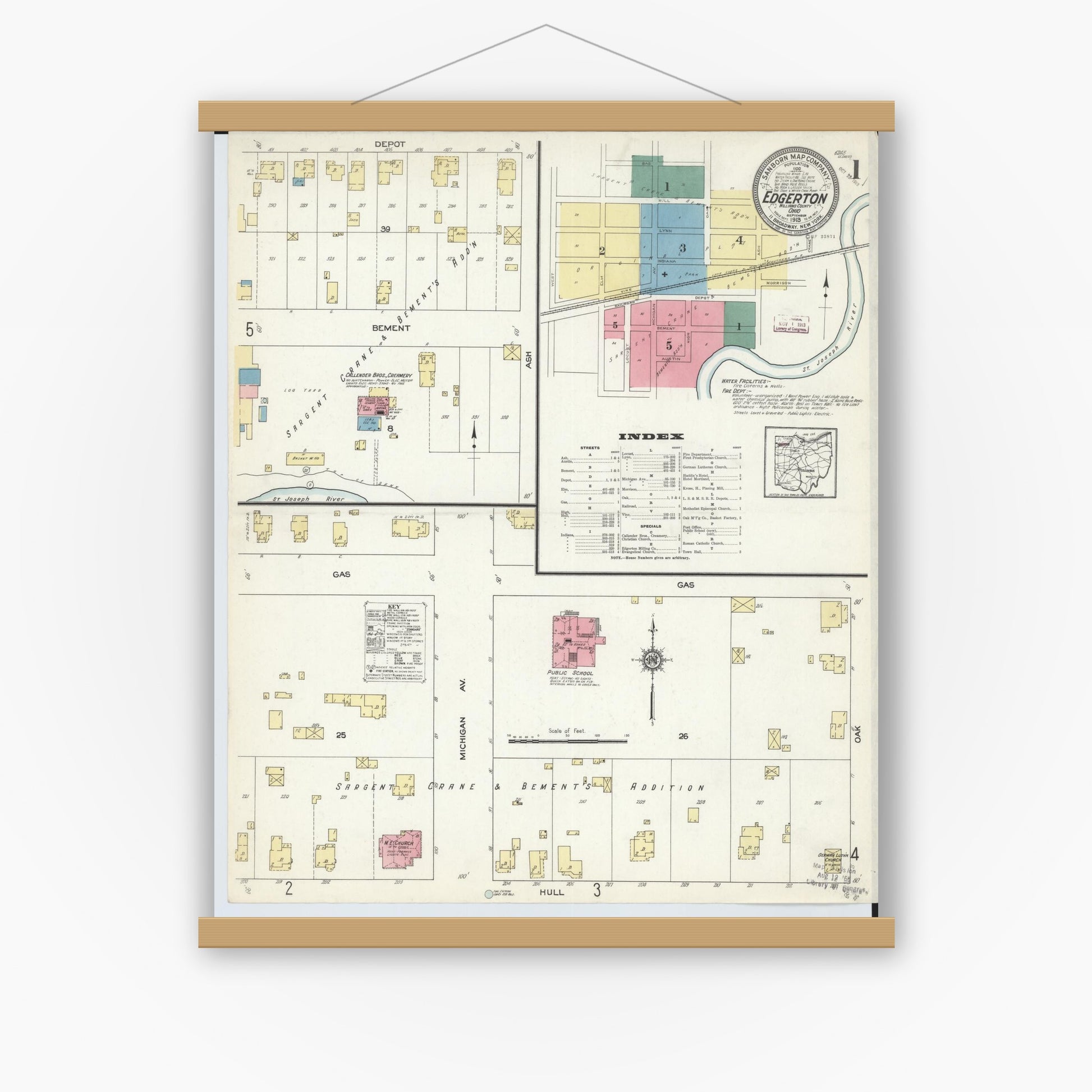 Old map wall art mockup — magnetic wood frame on white wall — Sanborn Fire Insurance Map from Edgerton, Williams County, Ohio (1913), Sheet #0001
