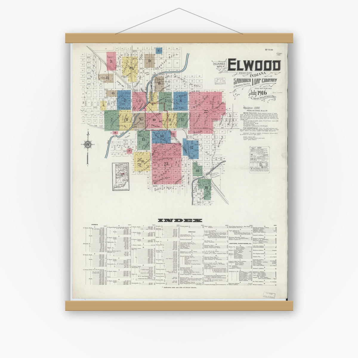 Old map wall art mockup — magnetic wood frame on white wall — Sanborn Fire Insurance Map from Elwood, Madison County, Indiana (1916), Sheet #0001