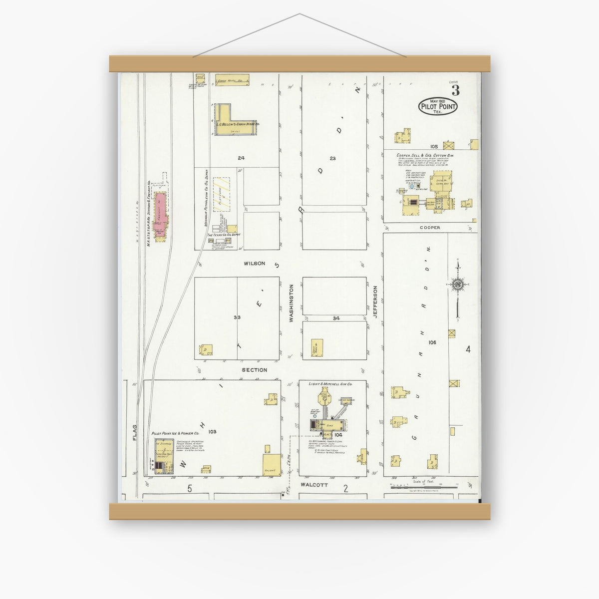 Old map wall art mockup — magnetic wood frame on white wall — Sanborn Fire Insurance Map from Pilot Point, Denton County, Texas (1921), Sheet #0003