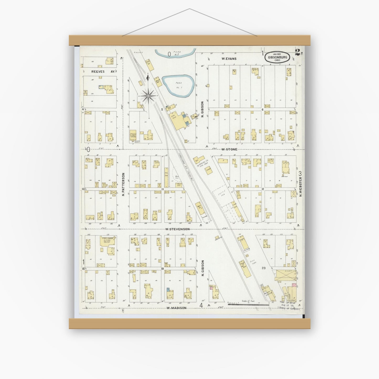 Old map wall art mockup — magnetic wood frame on white wall — Sanborn Fire Insurance Map from Gibsonburg, Sandusky County, Ohio (1902), Sheet #0002