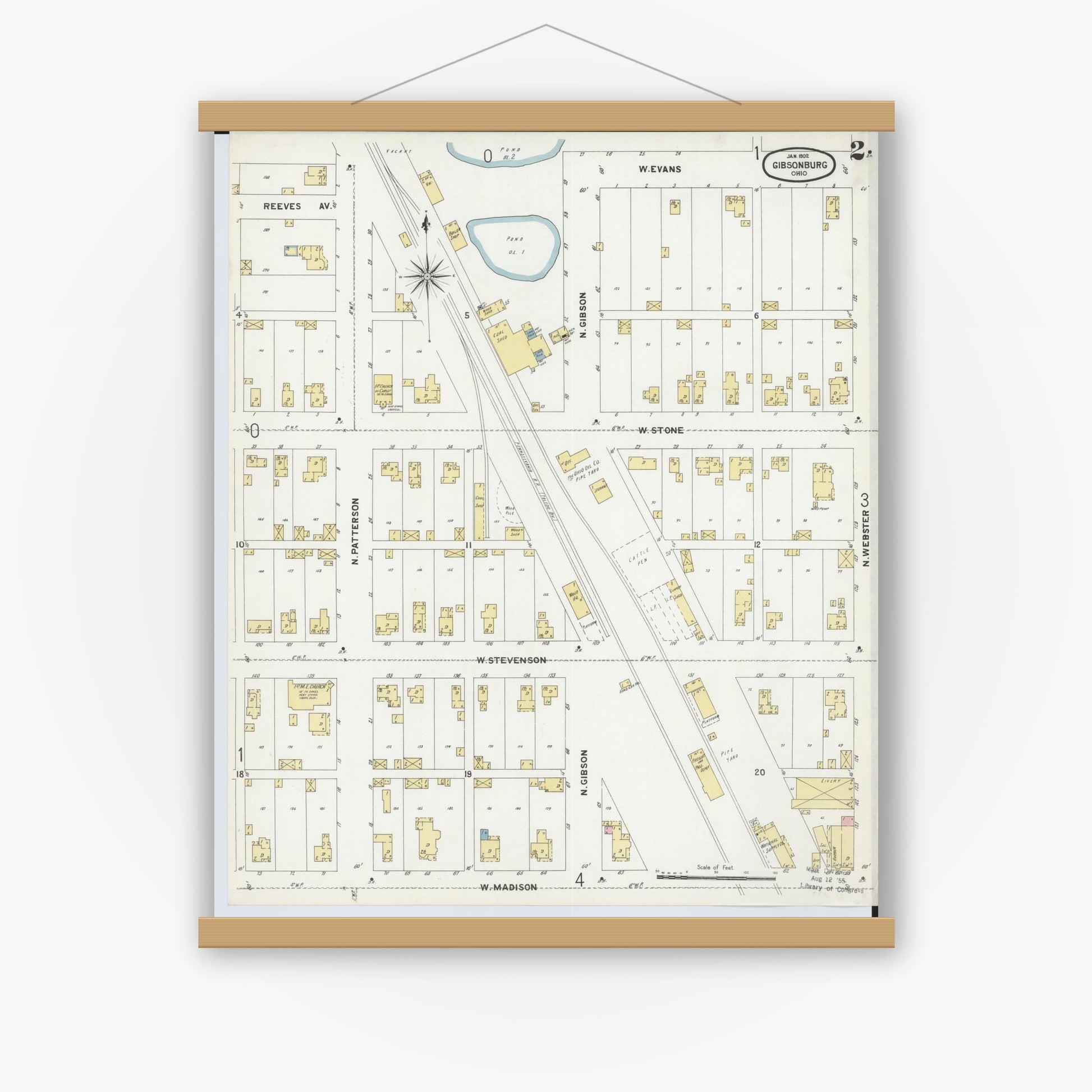 Old map wall art mockup — magnetic wood frame on white wall — Sanborn Fire Insurance Map from Gibsonburg, Sandusky County, Ohio (1902), Sheet #0002