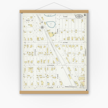 Old map wall art mockup — magnetic wood frame on white wall — Sanborn Fire Insurance Map from Gibsonburg, Sandusky County, Ohio (1902), Sheet #0002