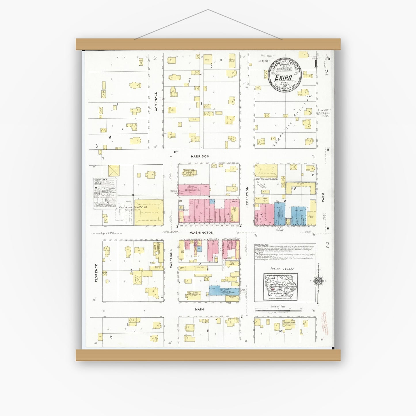 Old map wall art mockup — magnetic wood frame on white wall — Sanborn Fire Insurance Map from Exira, Audubon County, Iowa (1918) â€” Complete Set