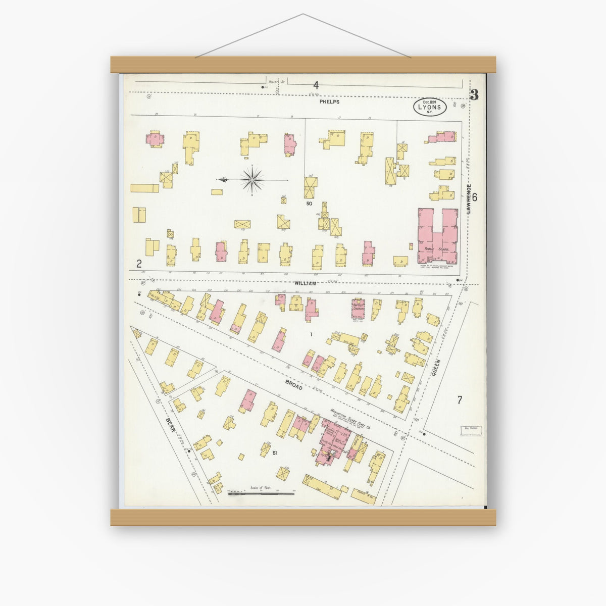 Old map wall art mockup — magnetic wood frame on white wall — Sanborn Fire Insurance Map from Lyons, Wayne County, New York (1899), Sheet #0003