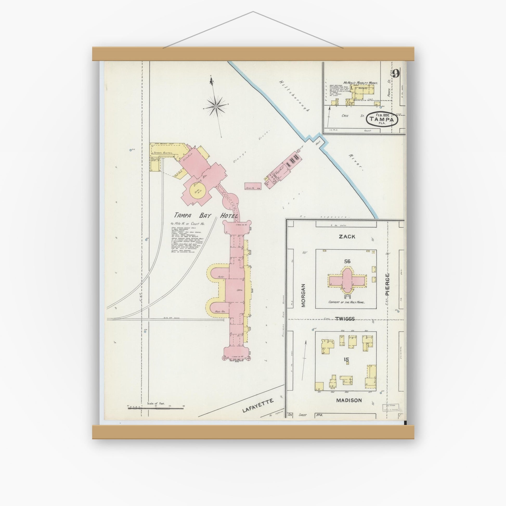 Old map wall art mockup — magnetic wood frame on white wall — Sanborn Fire Insurance Map from Tampa, Hillsborough County, Florida (1892), Sheet #0009
