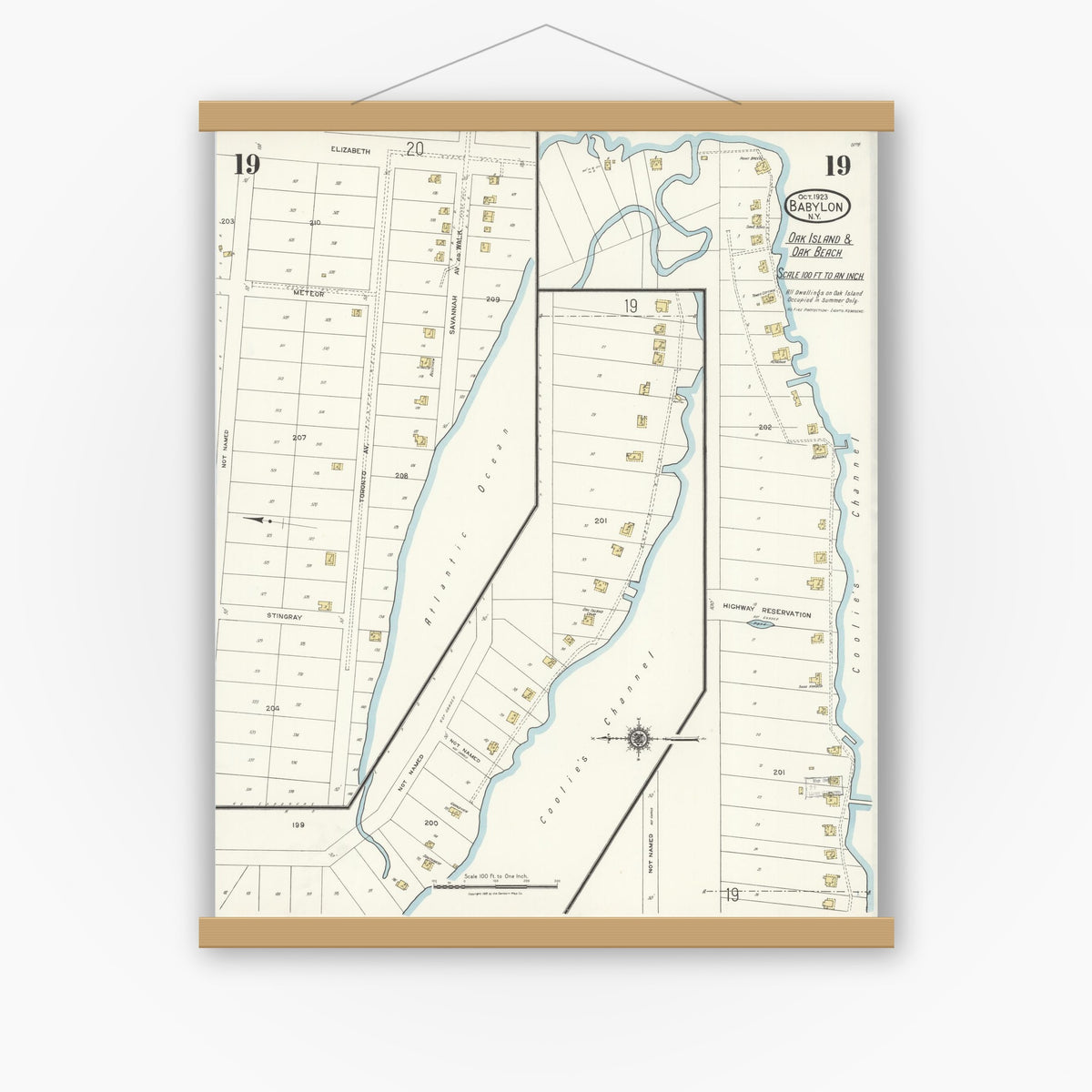 Old map wall art mockup — magnetic wood frame on white wall — Sanborn Fire Insurance Map from Babylon, Suffolk County, New York (1923), Sheet #0019