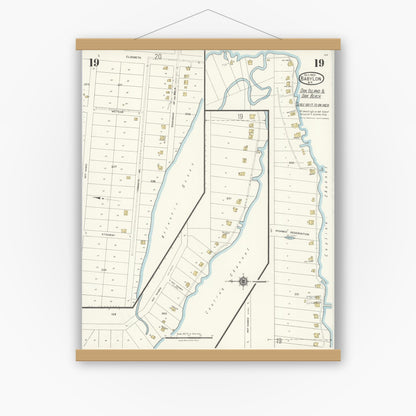 Old map wall art mockup — magnetic wood frame on white wall — Sanborn Fire Insurance Map from Babylon, Suffolk County, New York (1923), Sheet #0019