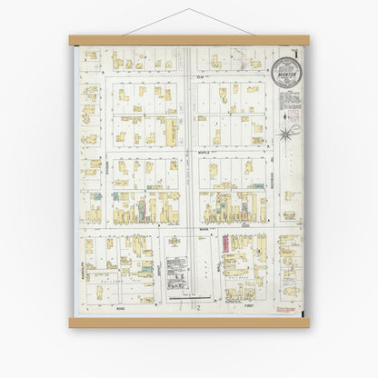 Old map wall art mockup — magnetic wood frame on white wall — Sanborn Fire Insurance Map from Manton, Wexford County, Michigan (1902) - Complete Map Set