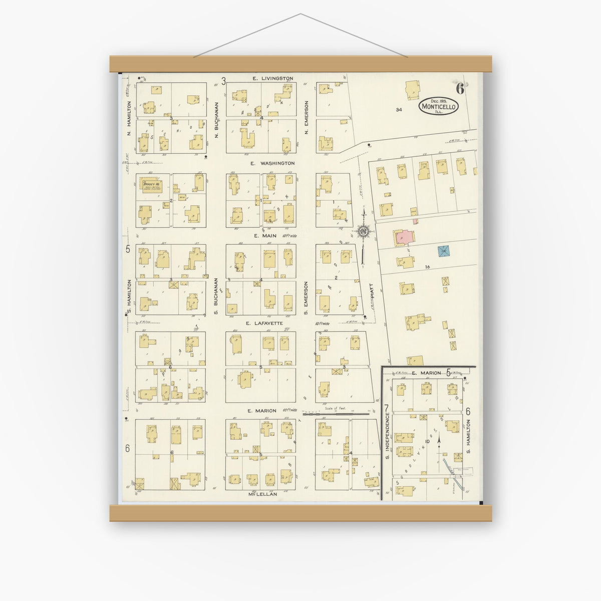 Old map wall art mockup — magnetic wood frame on white wall — Sanborn Fire Insurance Map from Monticello, Piatt County, Illinois (1915), Sheet #0006