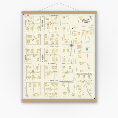 Old map wall art mockup — magnetic wood frame on white wall — Sanborn Fire Insurance Map from Monticello, Piatt County, Illinois (1915), Sheet #0006