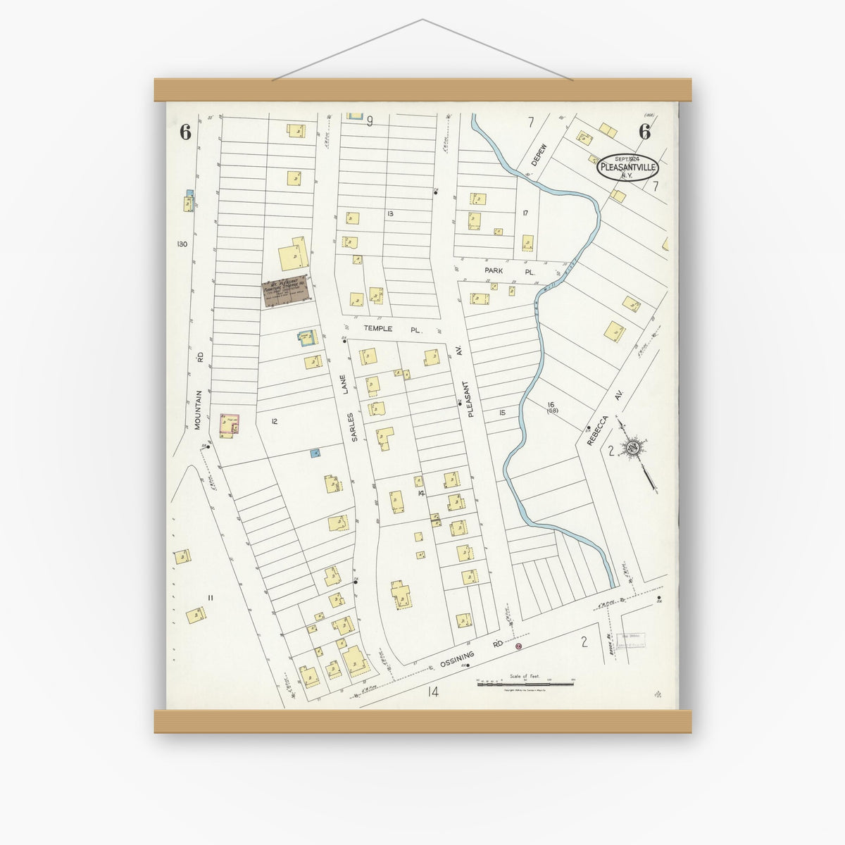 Old map wall art mockup — magnetic wood frame on white wall — Sanborn Fire Insurance Map from Pleasantville, Westchester County, New York (1924), Sheet #0006