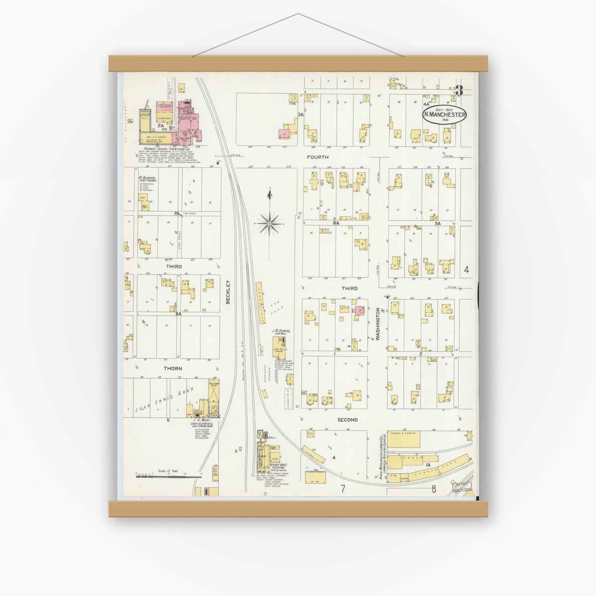 Old map wall art mockup — magnetic wood frame on white wall — Sanborn Fire Insurance Map from North Manchester, Wabash County, Indiana (1907), Sheet #0003
