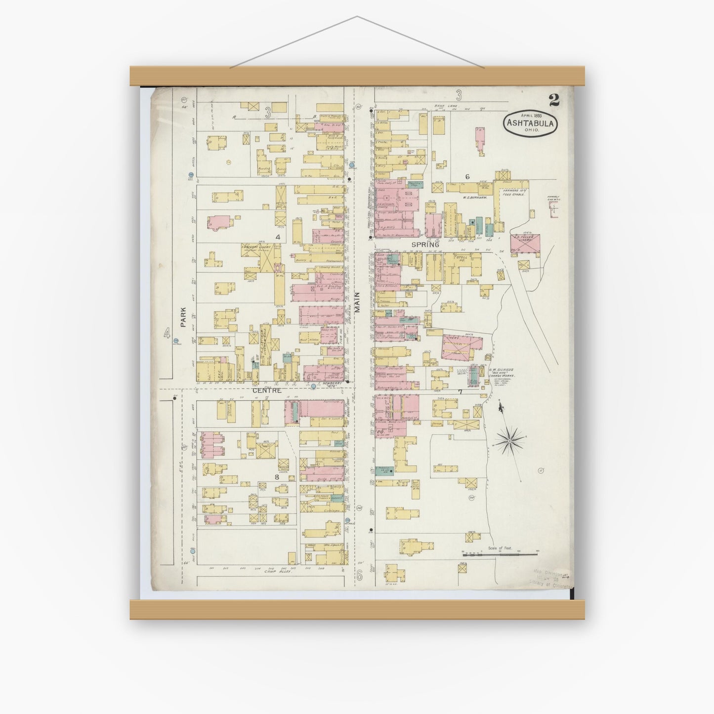Old map wall art mockup — magnetic wood frame on white wall — Sanborn Fire Insurance Map from Ashtabula, Ashtabula County, Ohio (1893), Sheet #0002