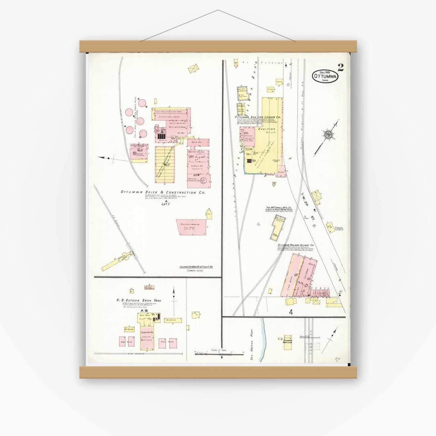 Old map wall art mockup — magnetic wood frame on white wall — Sanborn Fire Insurance Map from Ottumwa, Wapello County, Iowa (1909), Sheet #0002