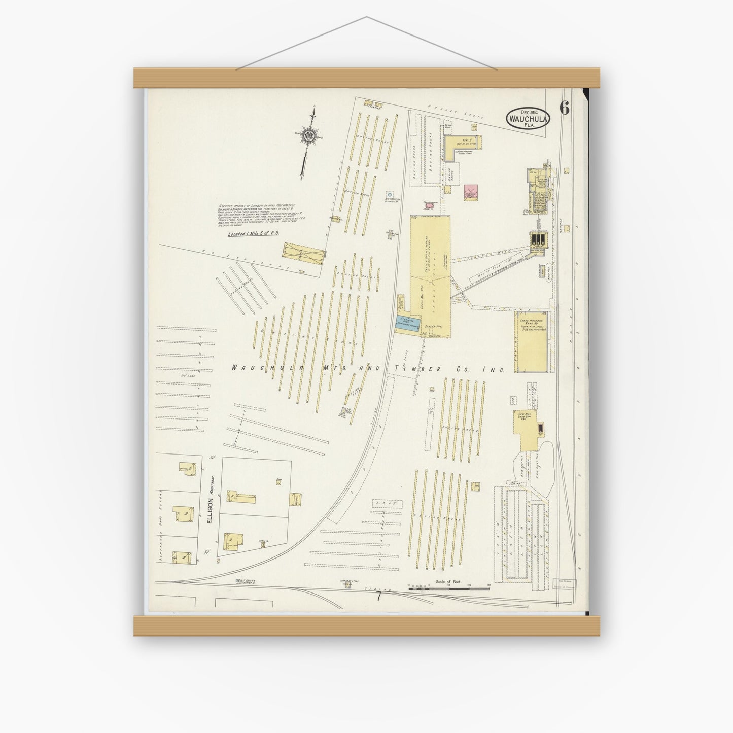Old map wall art mockup — magnetic wood frame on white wall — Sanborn Fire Insurance Map from Wauchula, Hardee County, Florida (1914), Sheet #0006