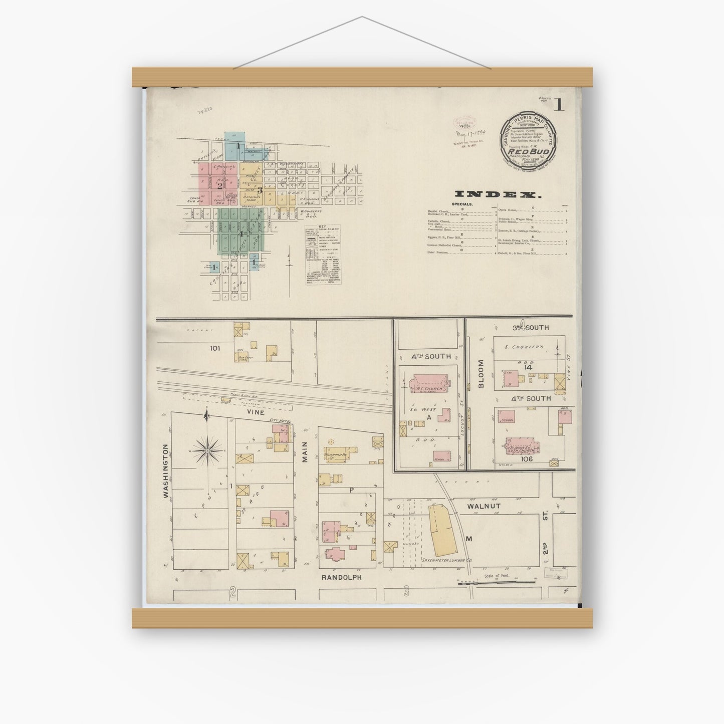 Old map wall art mockup — magnetic wood frame on white wall — Sanborn Fire Insurance Map from Red Bud, Randolph County, Illinois (1894), Sheet #0001