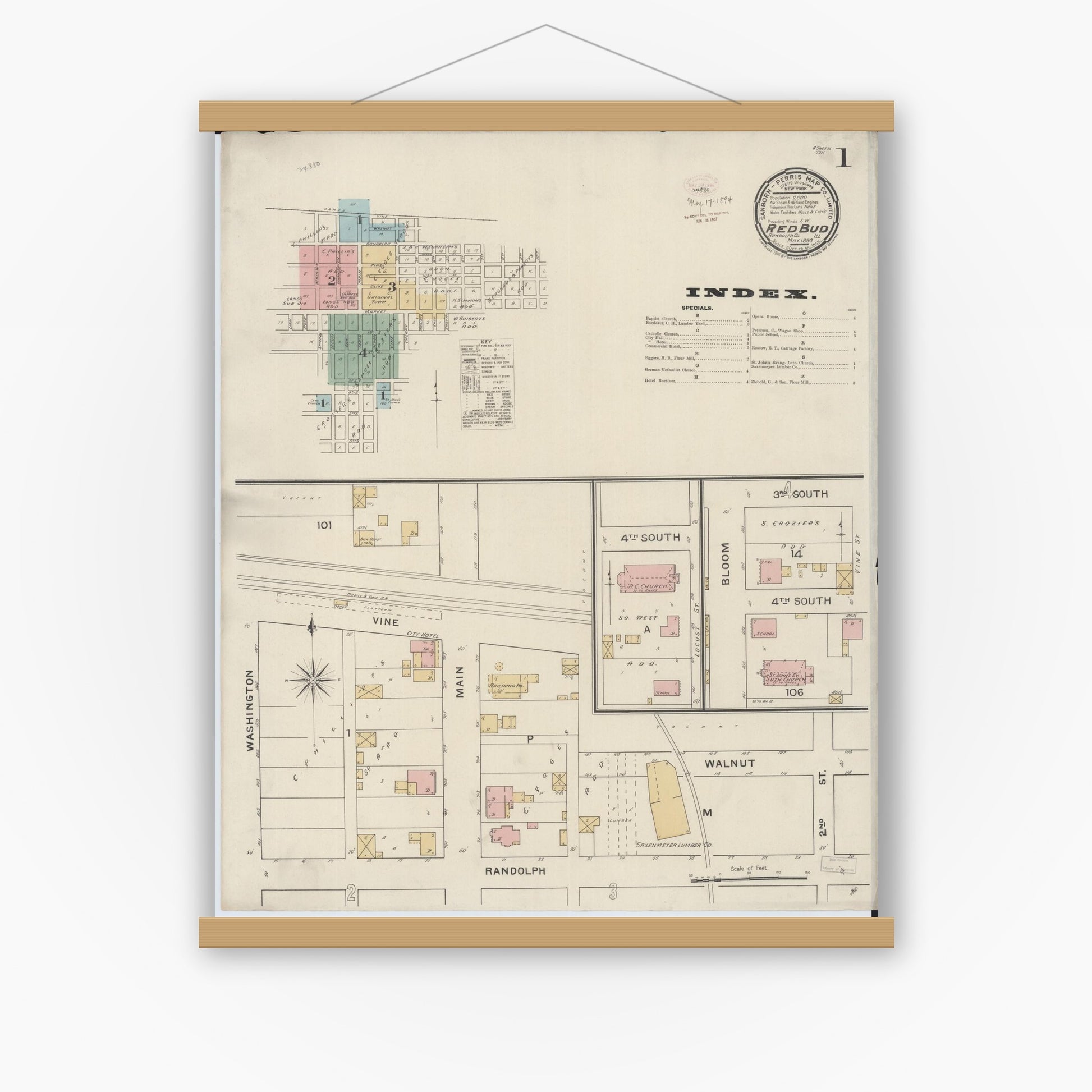 Old map wall art mockup — magnetic wood frame on white wall — Sanborn Fire Insurance Map from Red Bud, Randolph County, Illinois (1894), Sheet #0001
