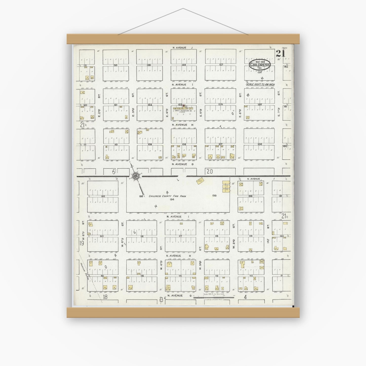 Old map wall art mockup — magnetic wood frame on white wall — Sanborn Fire Insurance Map from Childress, Childress County, Texas (1921), Sheet #0021