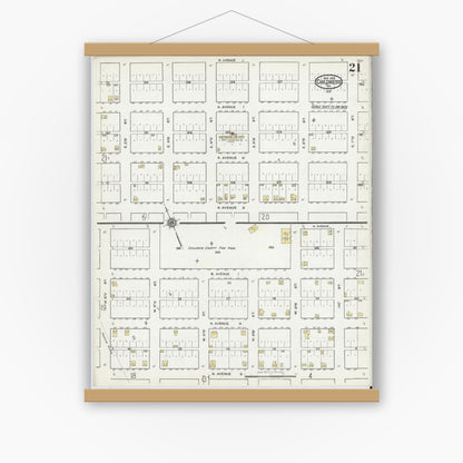Old map wall art mockup — magnetic wood frame on white wall — Sanborn Fire Insurance Map from Childress, Childress County, Texas (1921), Sheet #0021