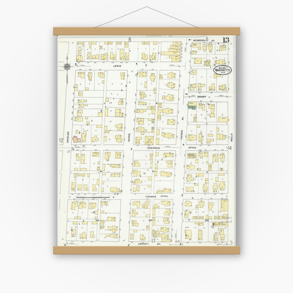 Old map wall art mockup — magnetic wood frame on white wall — Sanborn Fire Insurance Map from Marinette, Marinette County, Wisconsin (1910), Sheet #0013