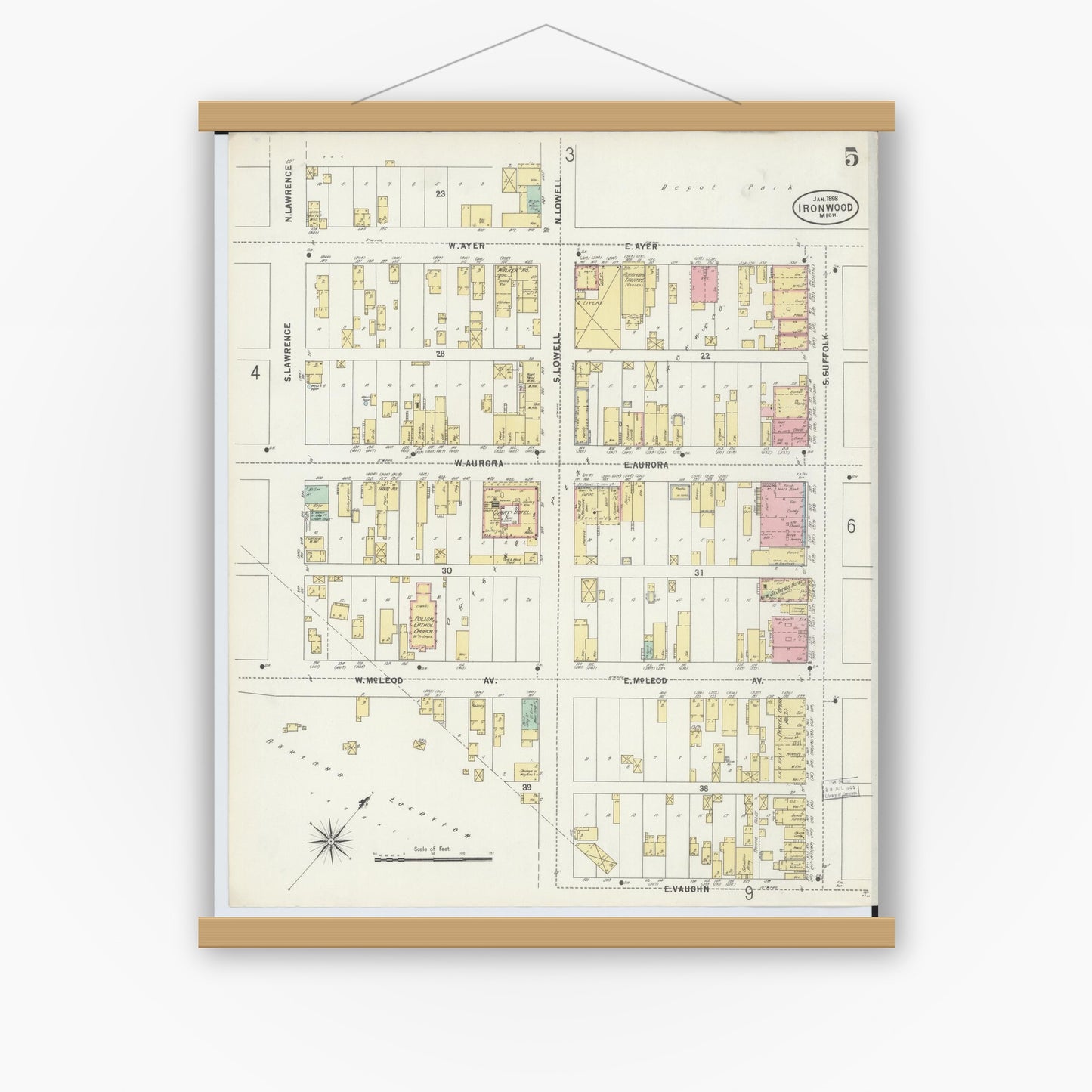 Old map wall art mockup — magnetic wood frame on white wall — Sanborn Fire Insurance Map from Ironwood, Gogebic County, Michigan (1898), Sheet #0005