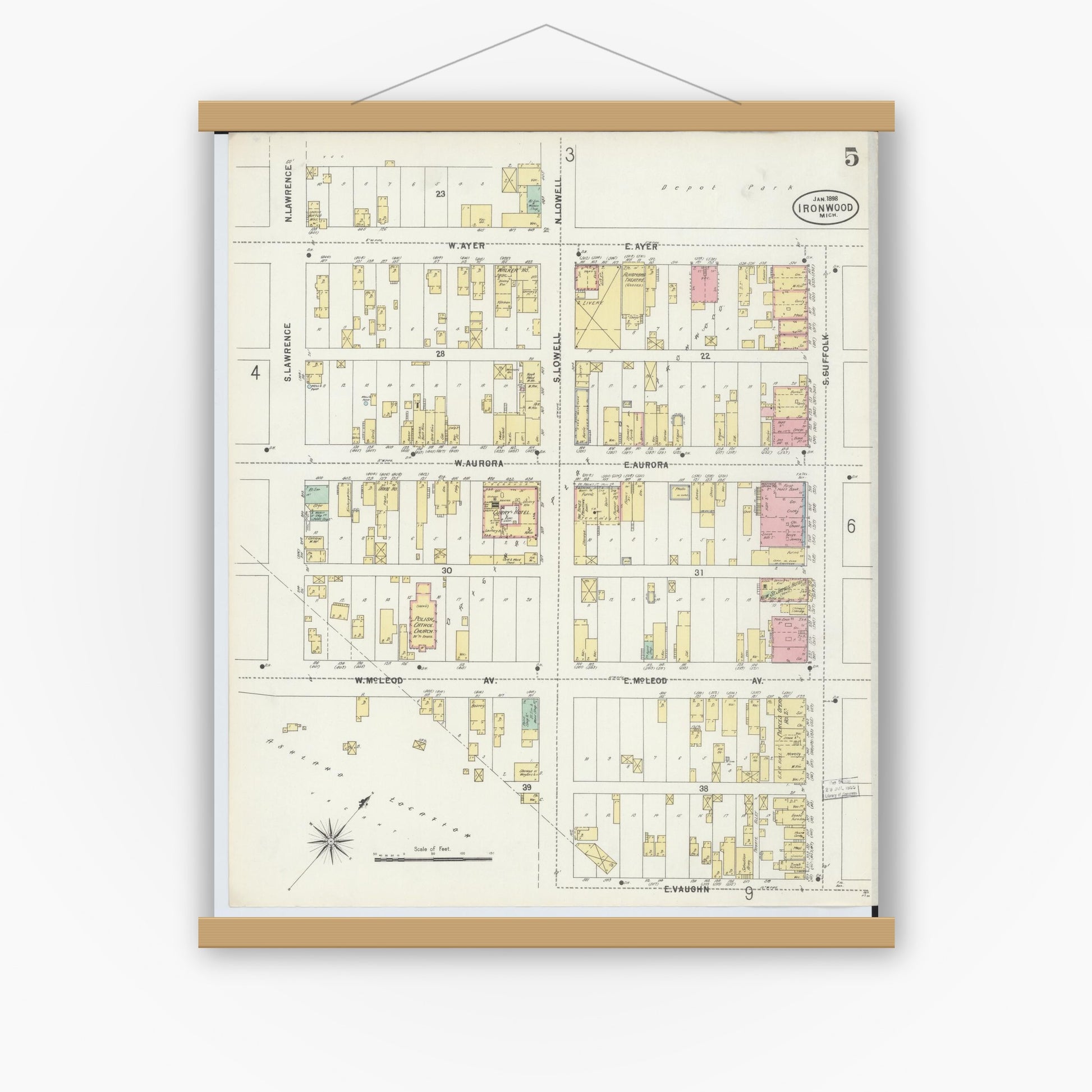 Old map wall art mockup — magnetic wood frame on white wall — Sanborn Fire Insurance Map from Ironwood, Gogebic County, Michigan (1898), Sheet #0005