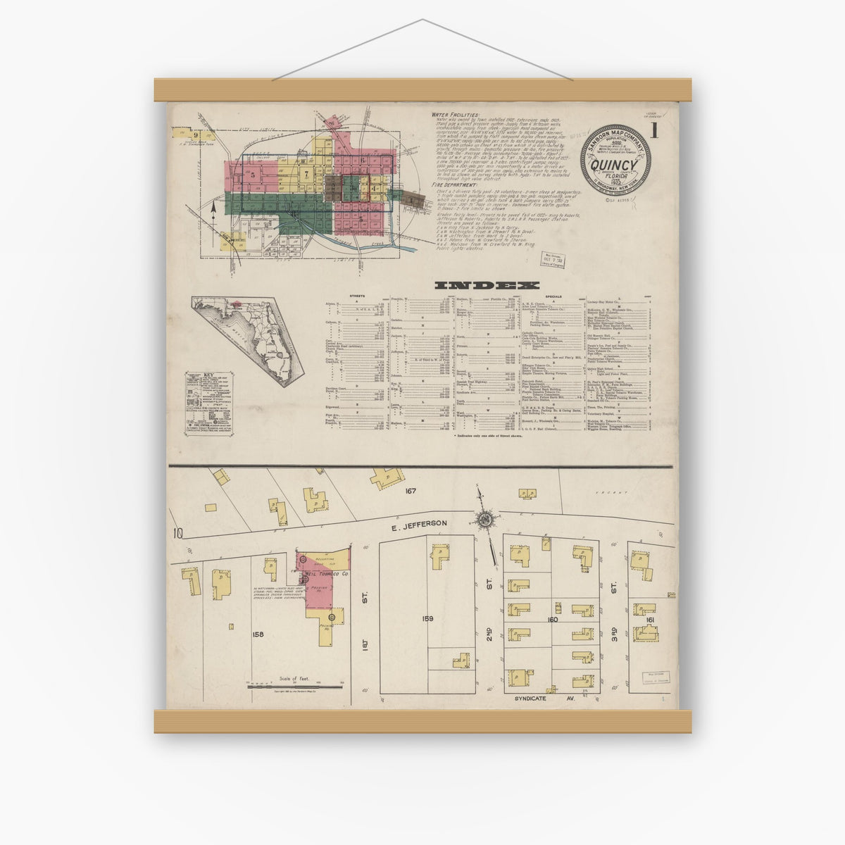 Old map wall art mockup — magnetic wood frame on white wall — Sanborn Fire Insurance Map from Quincy, Gadsden County, Florida (1922) - Complete Map Set