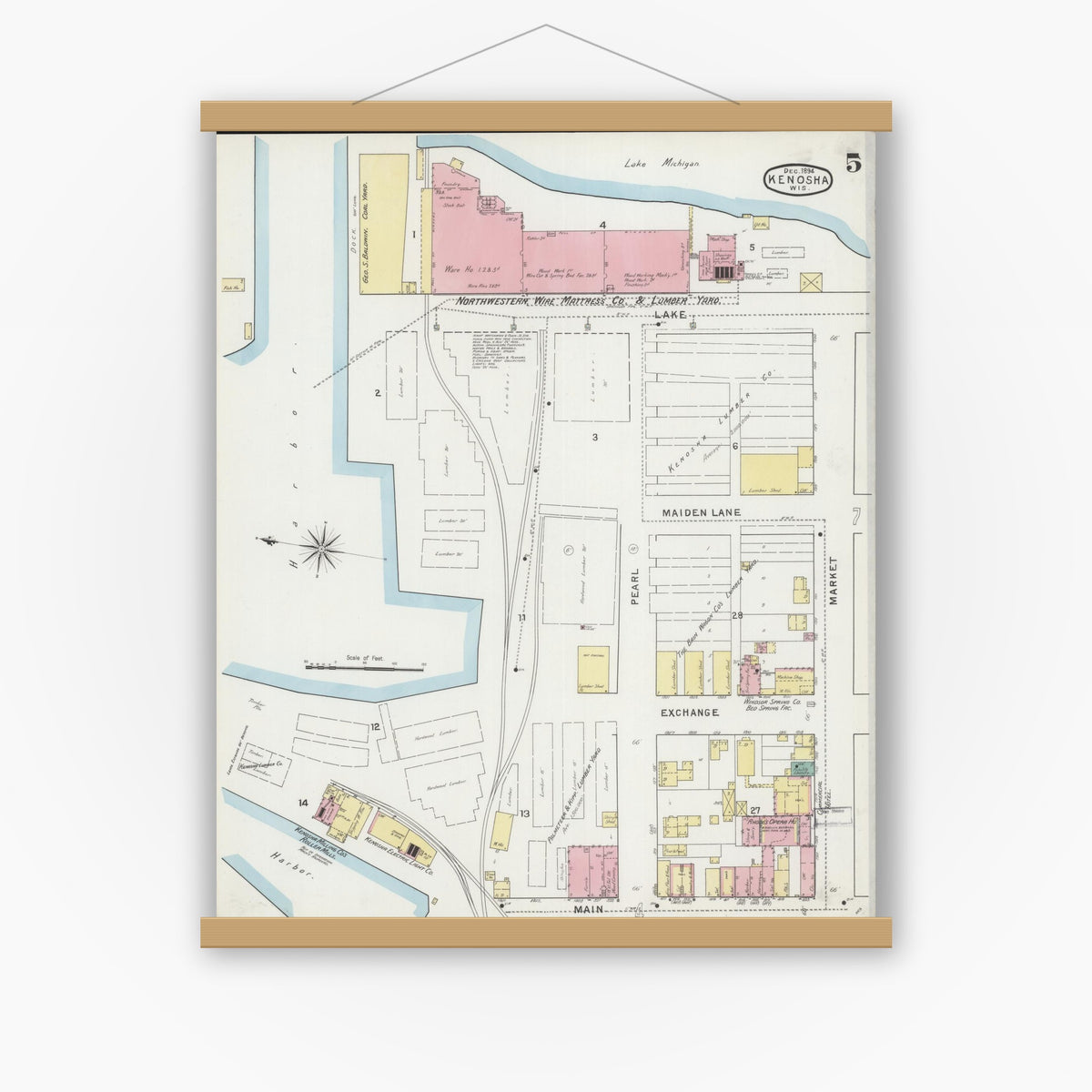 Old map wall art mockup — magnetic wood frame on white wall — Sanborn Fire Insurance Map from Kenosha, Kenosha County, Wisconsin (1894), Sheet #0005