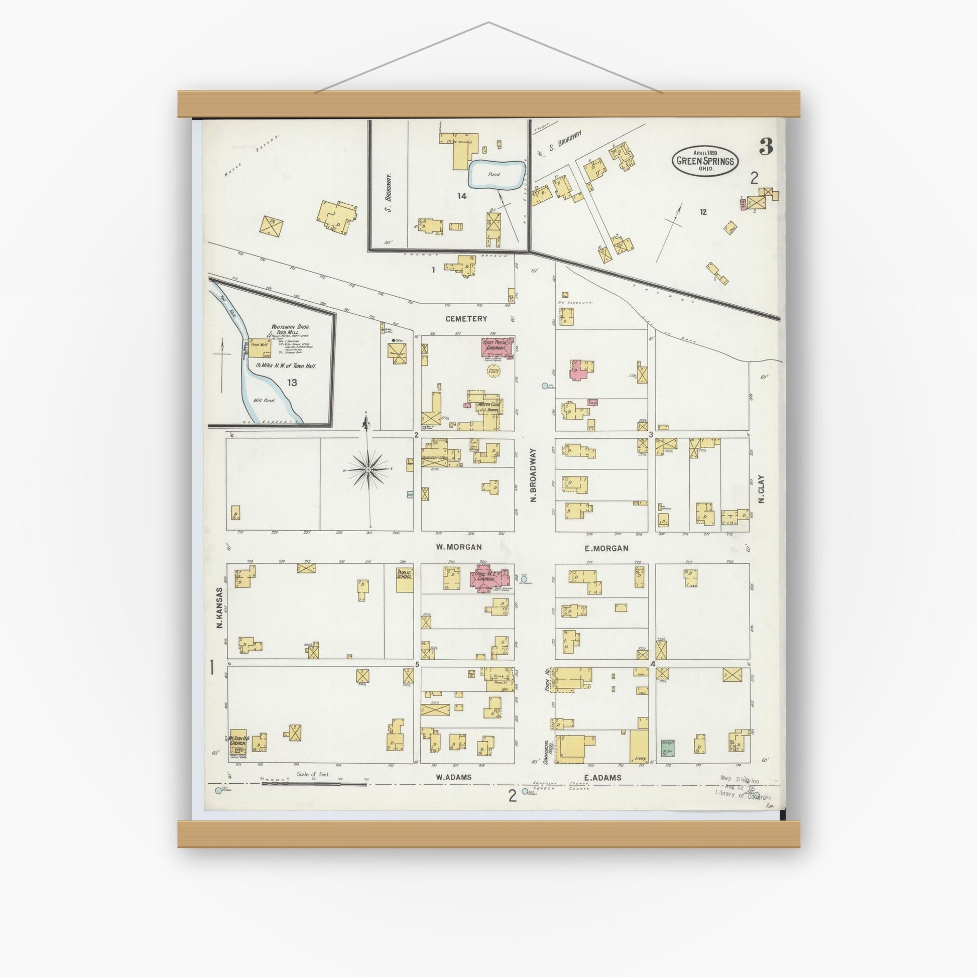 Old map wall art mockup — magnetic wood frame on white wall — Sanborn Fire Insurance Map from Green Springs, Sandusky And Seneca Counties, Ohio (1899), Sheet #0003