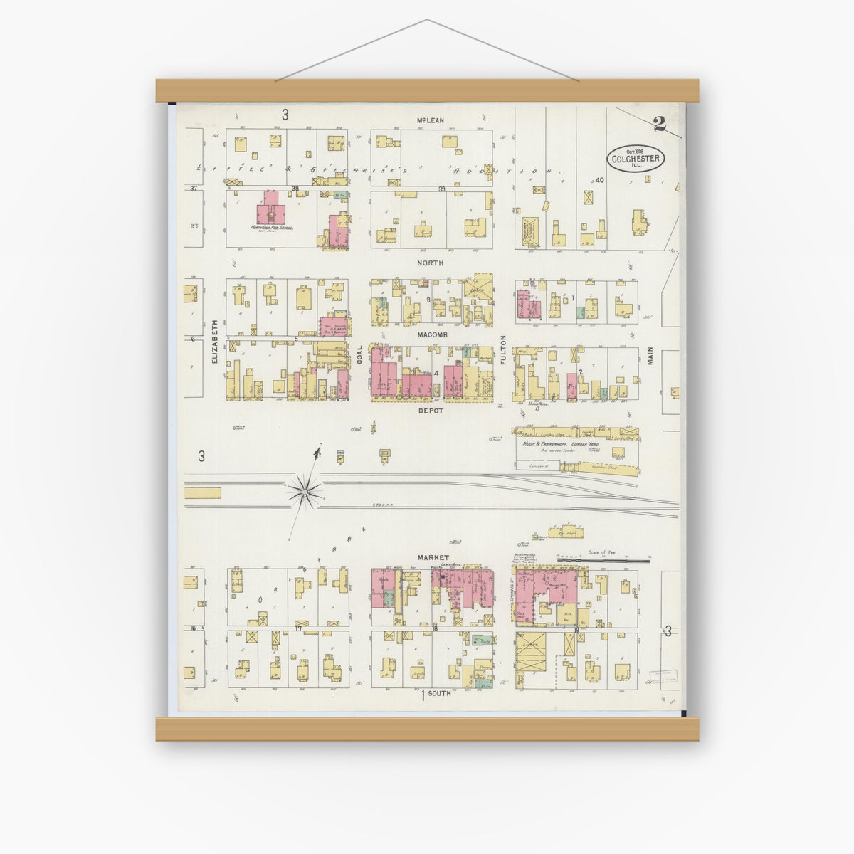 Old map wall art mockup — magnetic wood frame on white wall — Sanborn Fire Insurance Map from Colchester, Mcdonough County, Illinois (1898), Sheet #0002