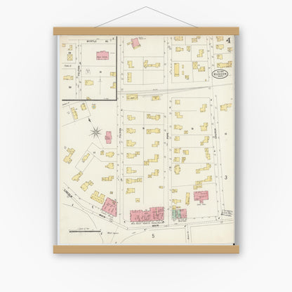 Old map wall art mockup — magnetic wood frame on white wall — Sanborn Fire Insurance Map from Hudson, Middlesex County, Massachusetts (1897), Sheet #0004