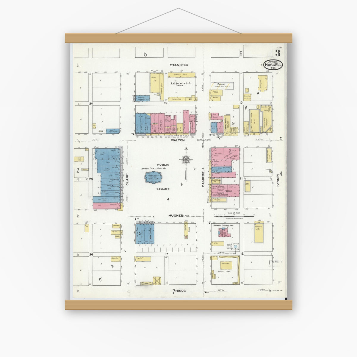 Old map wall art mockup — magnetic wood frame on white wall — Sanborn Fire Insurance Map from Haskell, Haskell County, Texas (1921), Sheet #0003