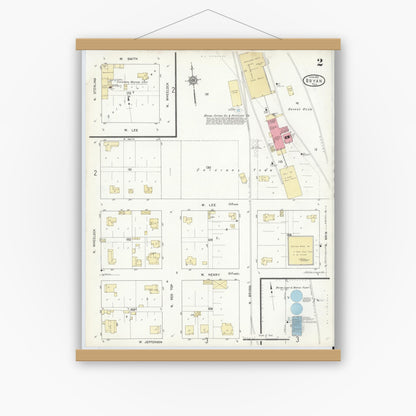 Old map wall art mockup — magnetic wood frame on white wall — Sanborn Fire Insurance Map from Bryan, Brazos County, Texas (1912), Sheet #0002