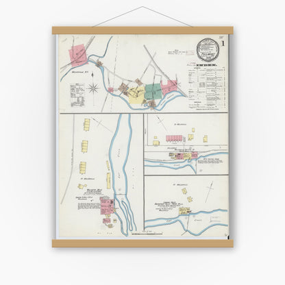 Old map wall art mockup — magnetic wood frame on white wall — Sanborn Fire Insurance Map from Philmont, Columbia County, New York (1892), Sheet #0001