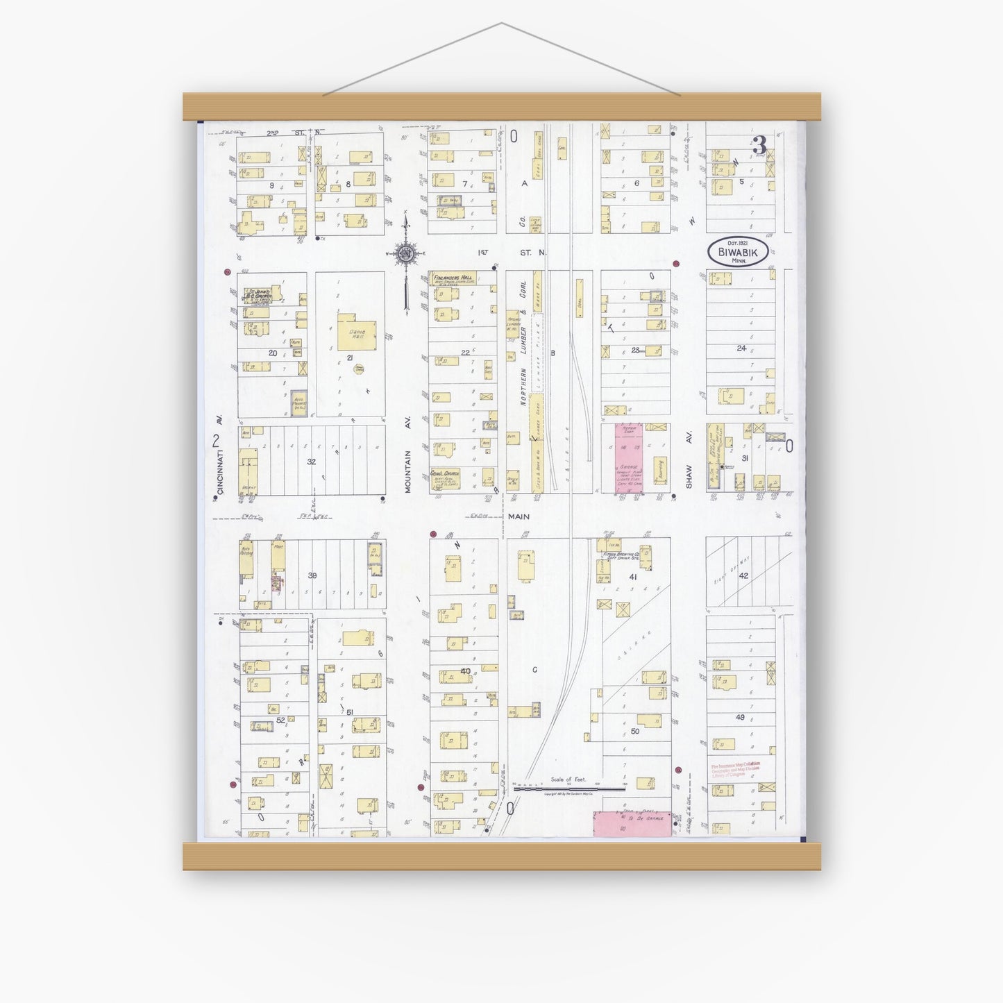 Old map wall art mockup — magnetic wood frame on white wall — Sanborn Fire Insurance Map from Biwabik, Saint Louis County, Minnesota (1921), Sheet #0003