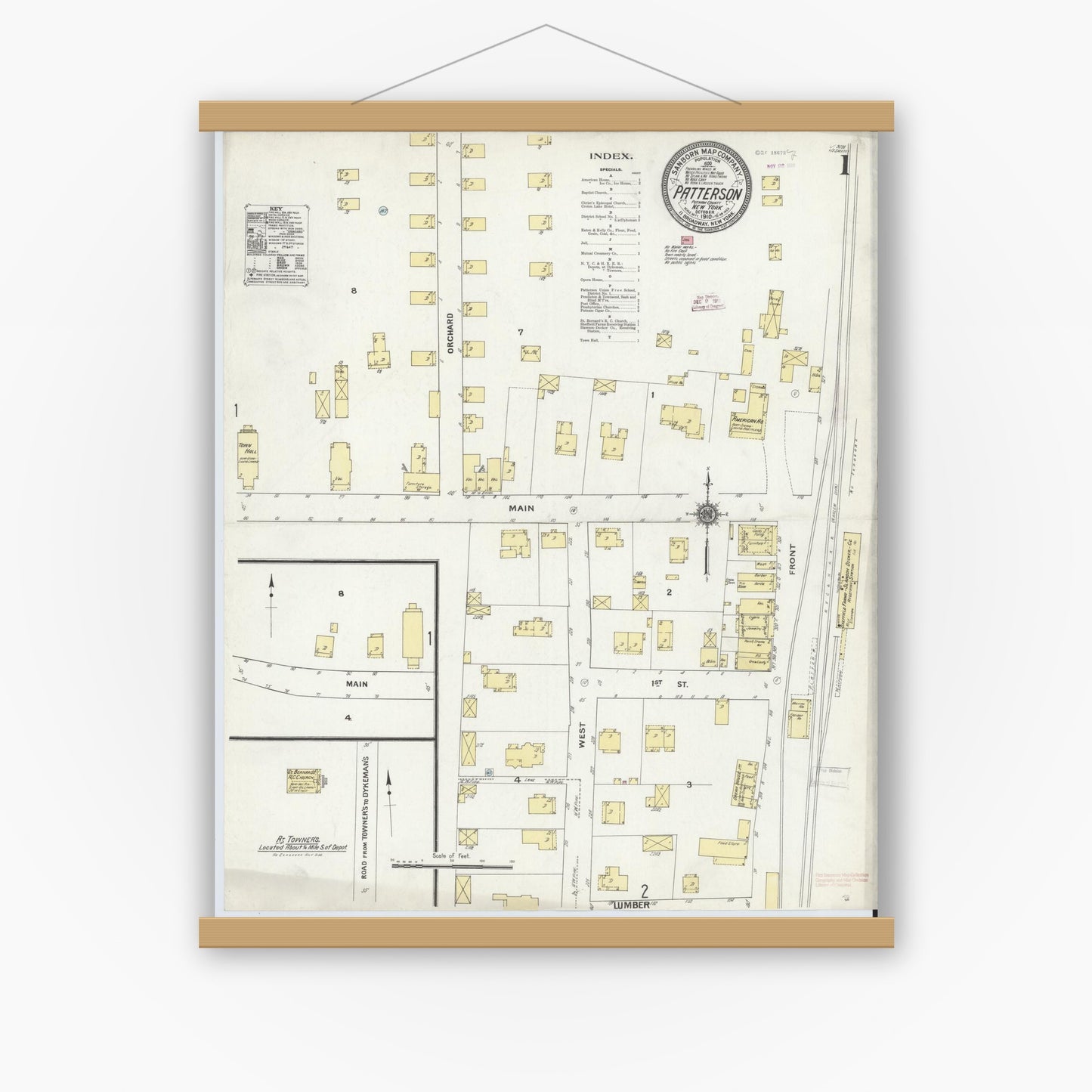 Old map wall art mockup — magnetic wood frame on white wall — Sanborn Fire Insurance Map from Patterson, Putnam County, New York (1910) - Complete Map Set