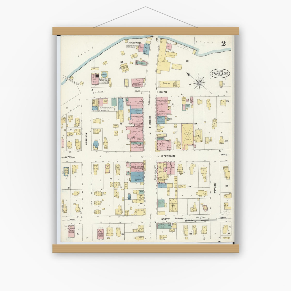 Old map wall art mockup — magnetic wood frame on white wall — Sanborn Fire Insurance Map from Grand Ledge, Eaton County, Michigan (1907), Sheet #0002