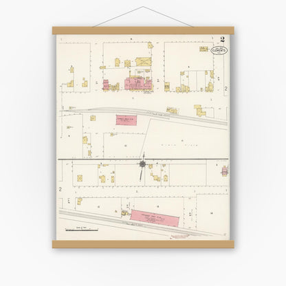 Old map wall art mockup — magnetic wood frame on white wall — Sanborn Fire Insurance Map from Clements, San Joaquin County, California (1912), Sheet #0002