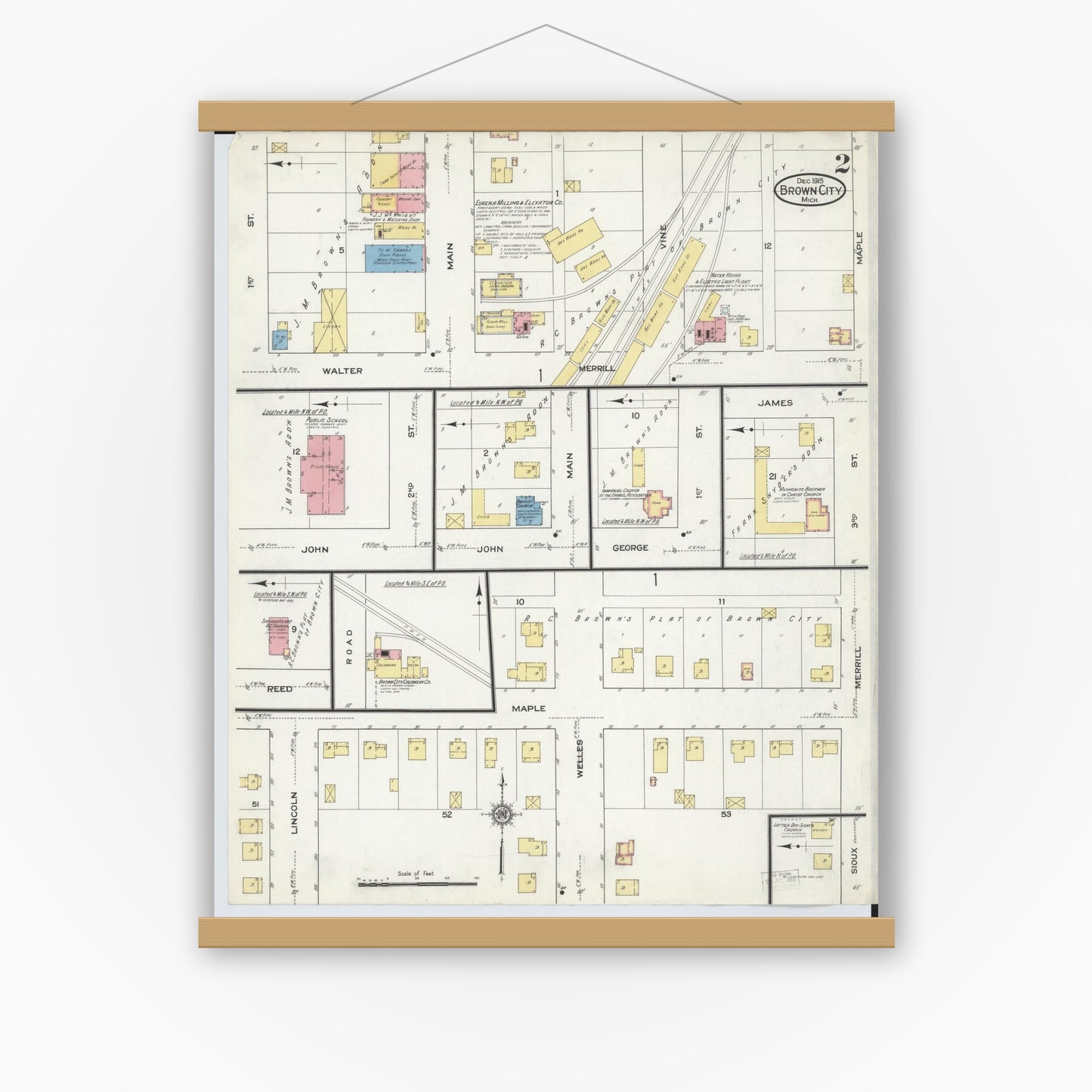 Old map wall art mockup — magnetic wood frame on white wall — Sanborn Fire Insurance Map from Brown City, Sanilac County, Michigan (1915), Sheet #0002