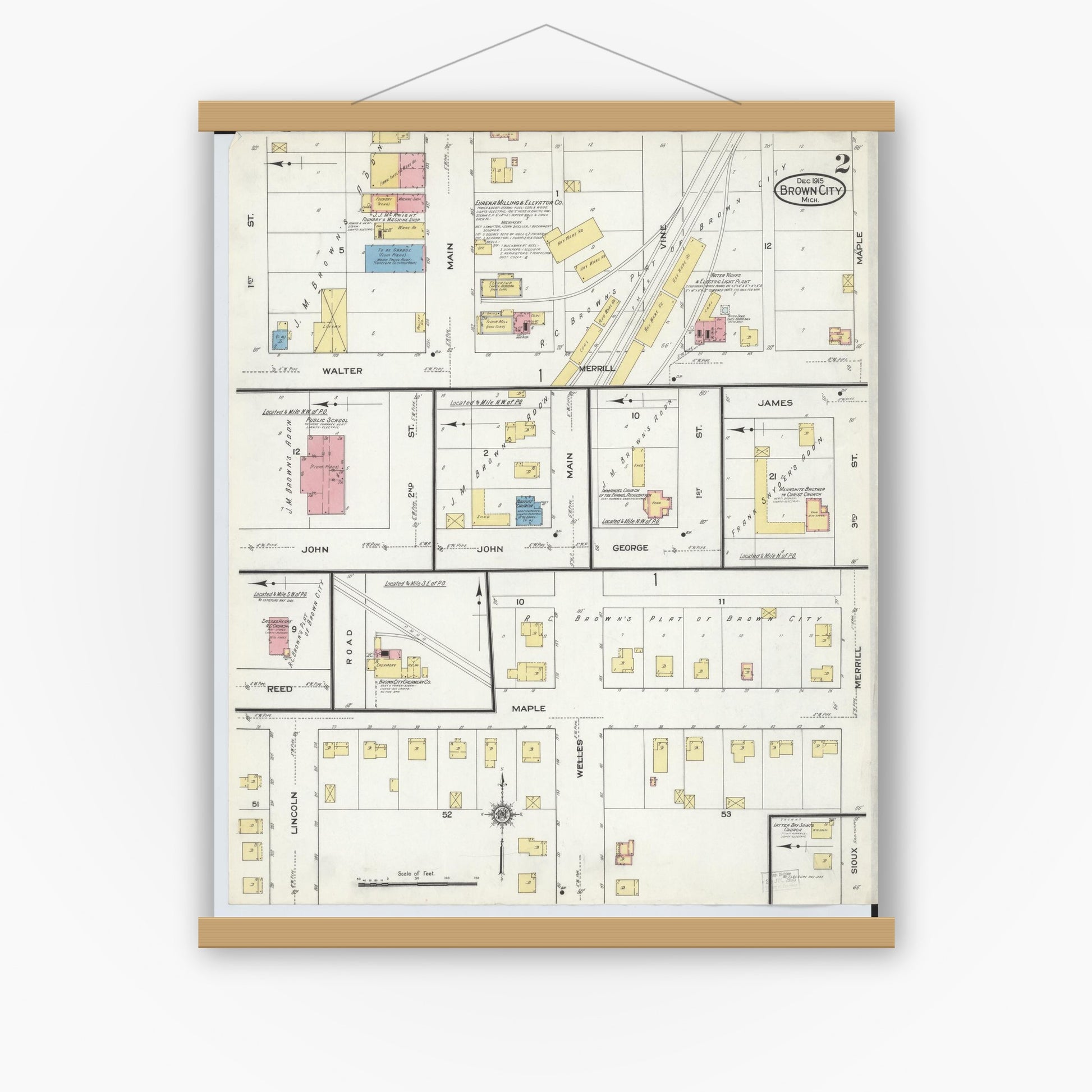 Old map wall art mockup — magnetic wood frame on white wall — Sanborn Fire Insurance Map from Brown City, Sanilac County, Michigan (1915), Sheet #0002