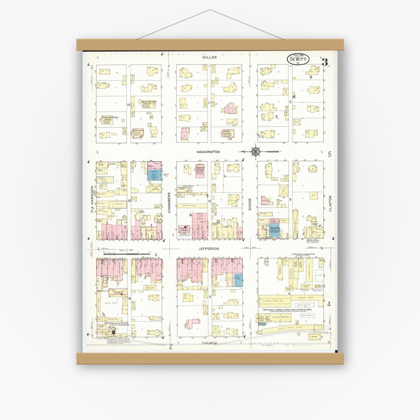 Old map wall art mockup — magnetic wood frame on white wall — Sanborn Fire Insurance Map from De Witt, Clinton County, Iowa (1914), Sheet #0003