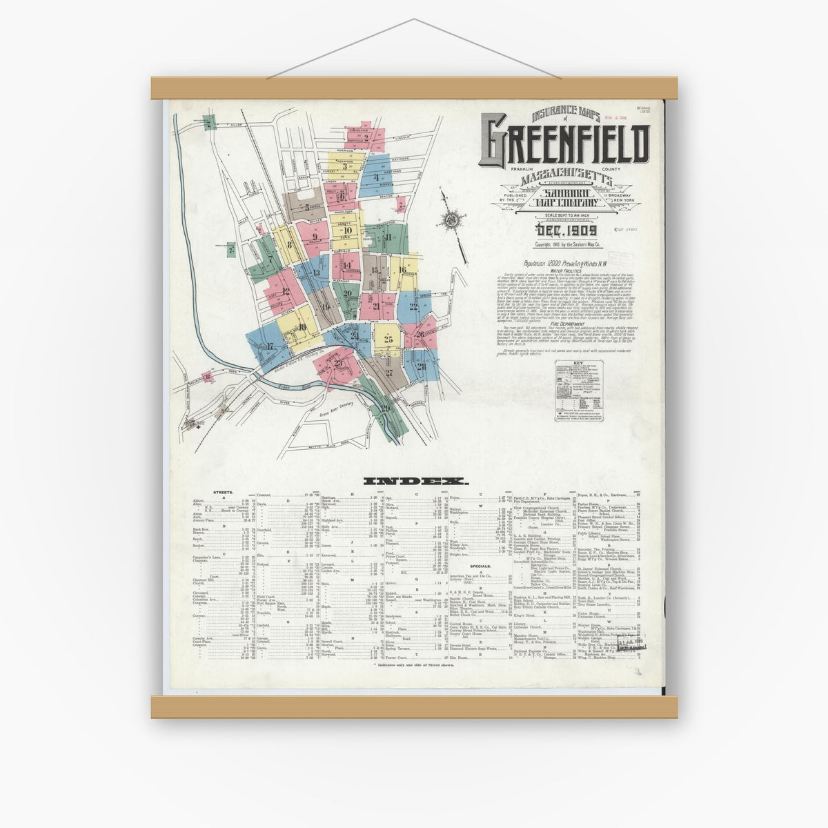 Old map wall art mockup — magnetic wood frame on white wall — Sanborn Fire Insurance Map from Greenfield, Franklin County, Massachusetts (1909) - Complete Map Set